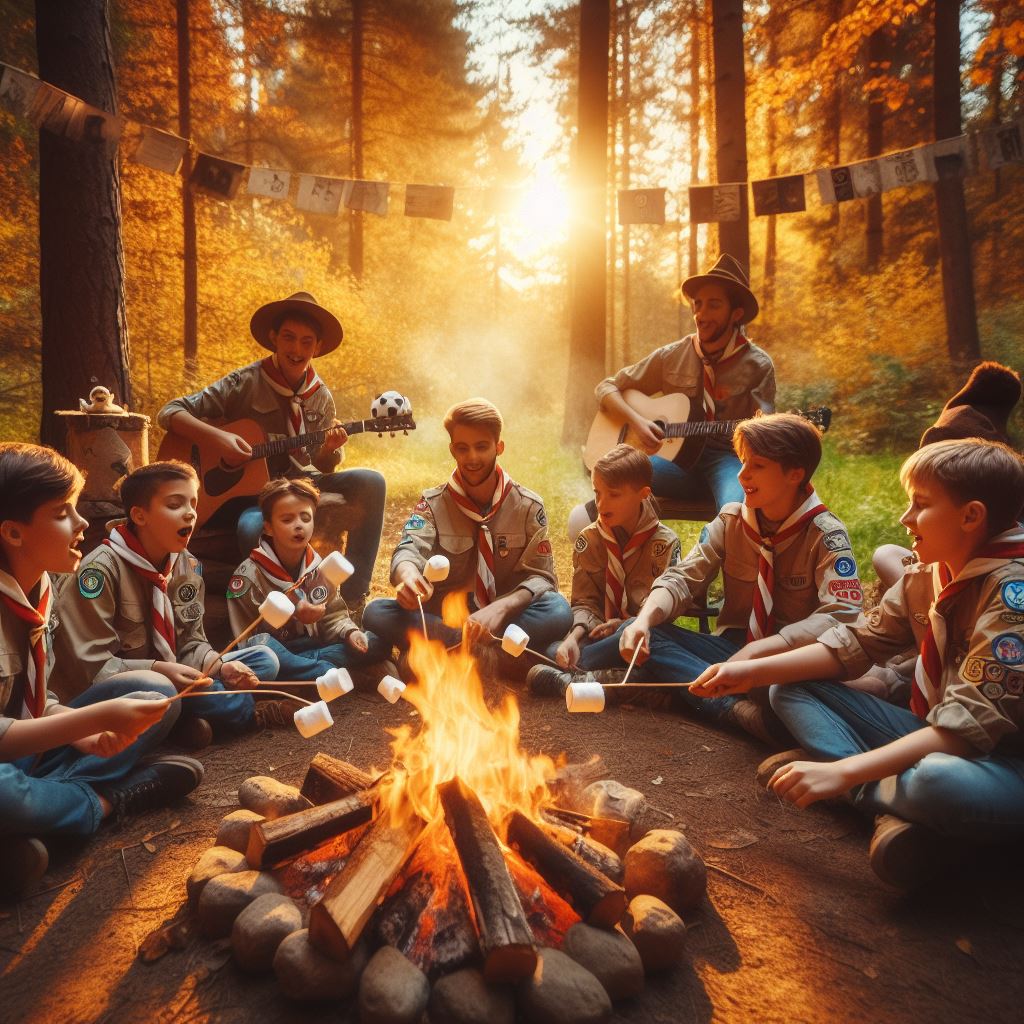 AI Gegenereerde foto van scouts rond een kampvuur met marshmellows.